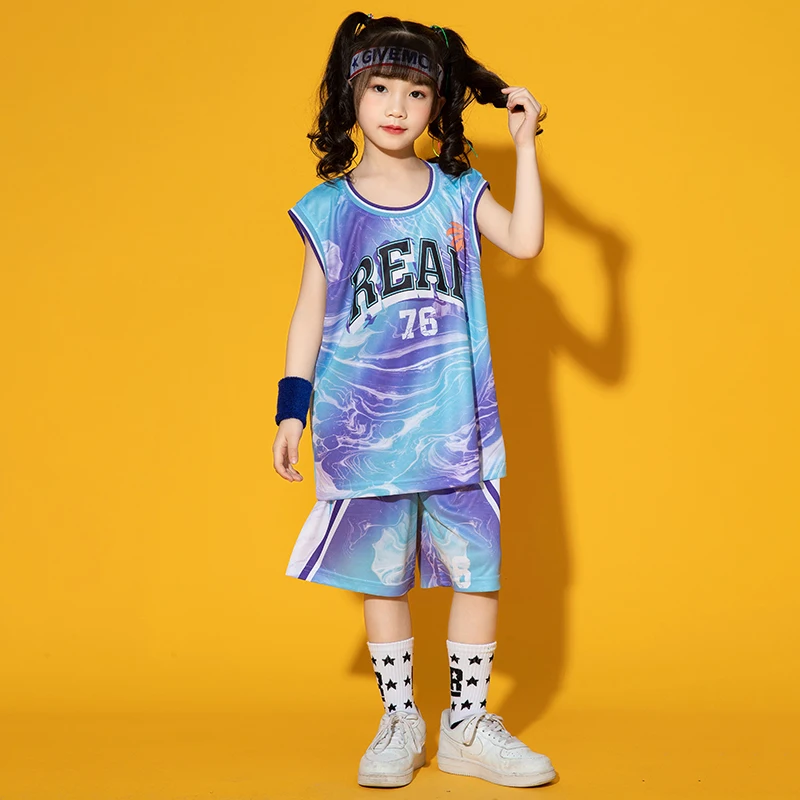 Boys Streetwear Fashion Hip Hop Sport Suit Sleeveless Basketball T-shirt Shorts Jazz Dance Clothing Kids Quick Dry Sportwear