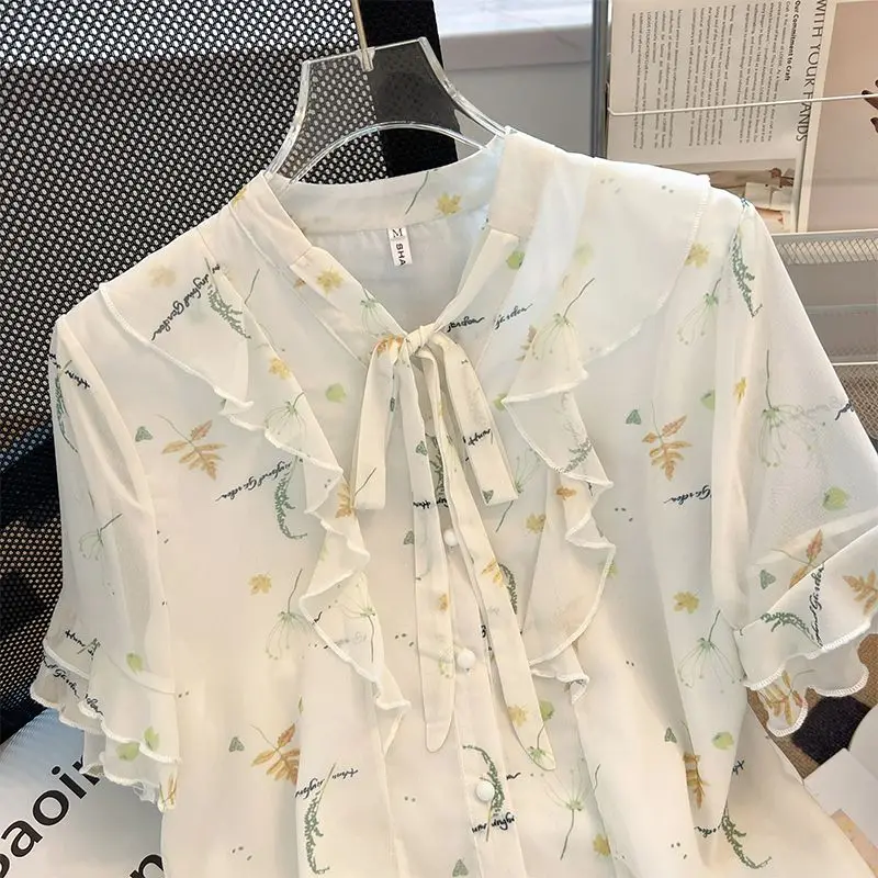 Broken Flowers Casual V-Neck Shirt Women's Stylish Ruffles Spliced Summer Short Sleeve Drawstring Commute Single-breasted Blouse