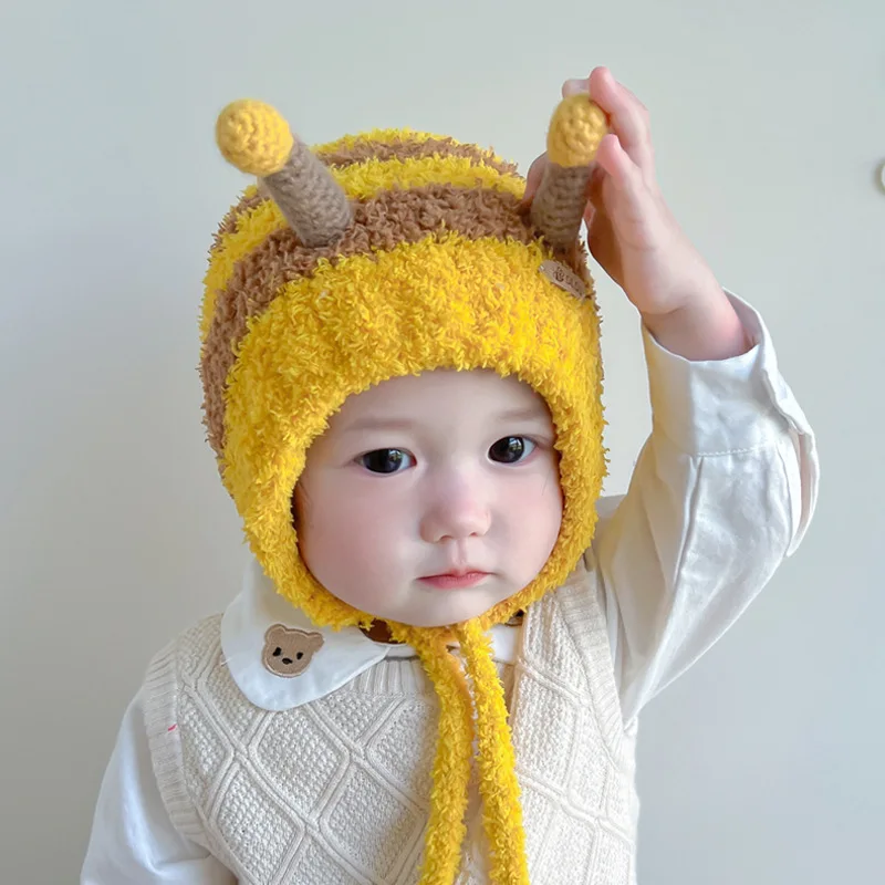 Cute Bee Baby Plush Hat Winter Warm Thicken Coral Fleece Cap for Boy Girl Cartoon Ears Kids Toddler Ear Protection Caps