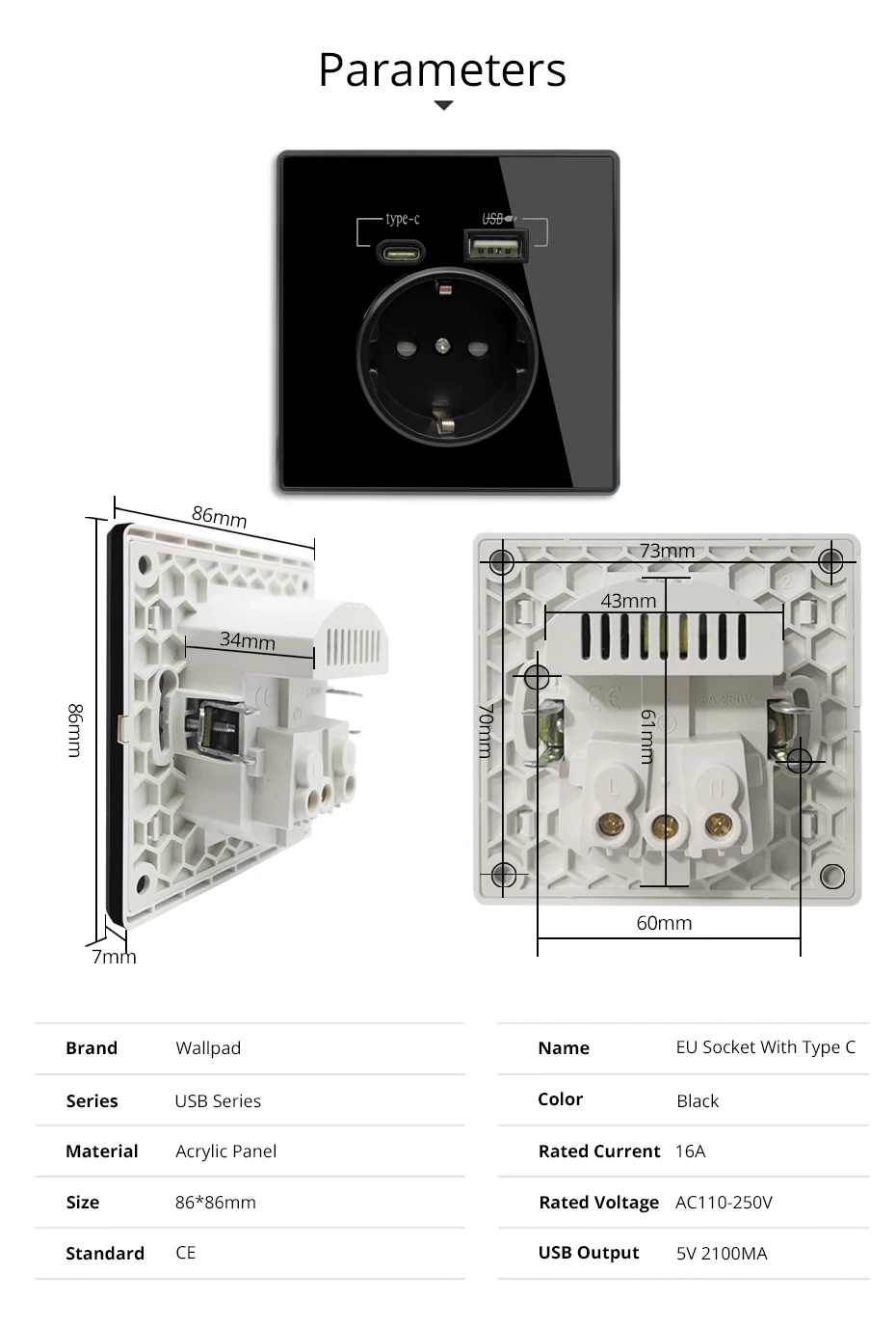 20W PD Typ-C A Schnittstellen-Steckdose Acryl-Spiegel-Kristallplatte Schwarze Wandsteckdose EU Russland Spanien Frankreich mit USB-Ladegerät-Halterung – Detail 5