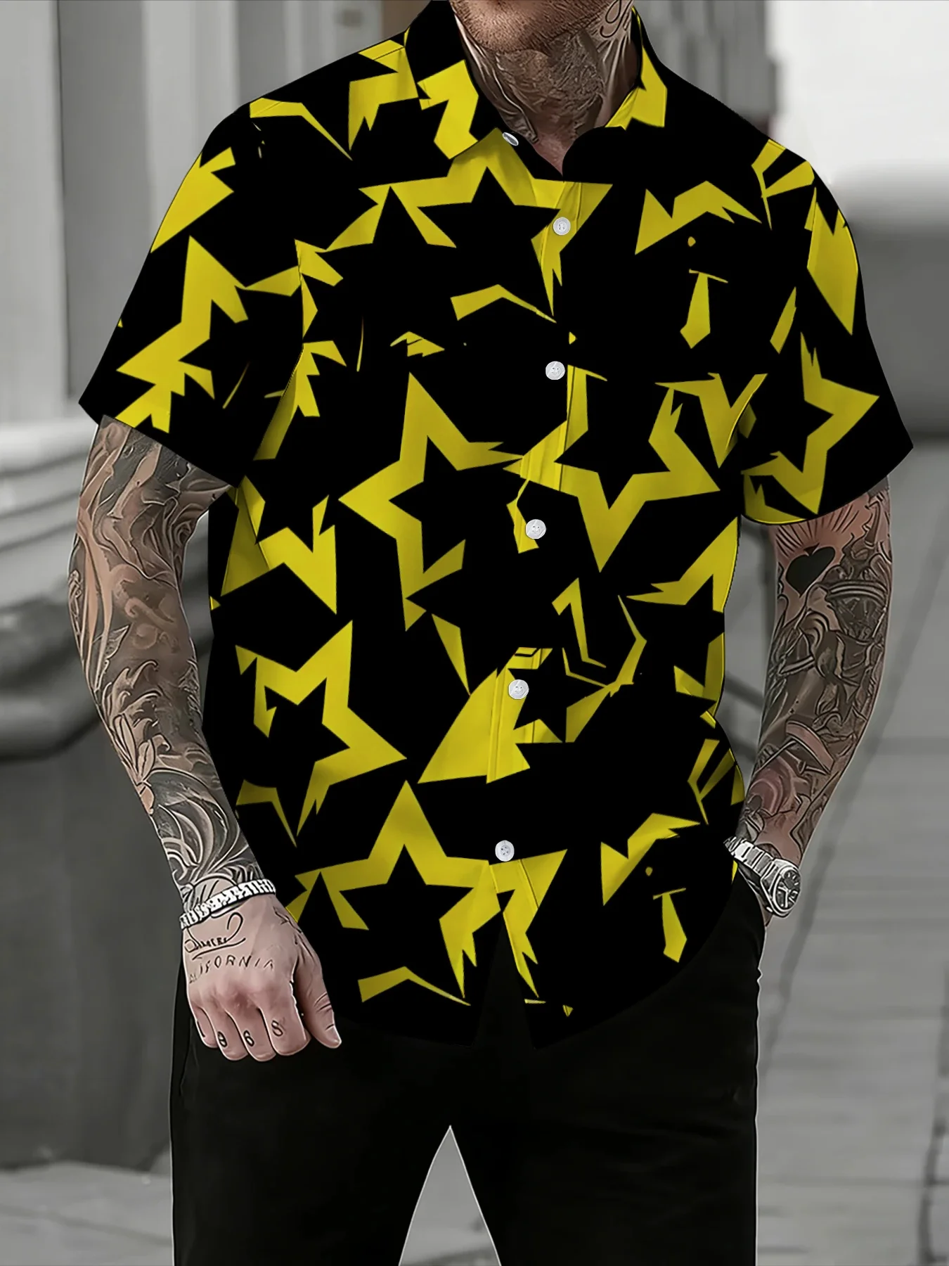 Casual Edgy Yellow Star Graphic Mens Lapel Shirt Black Background Irregular Star Pattern Short Sleeve Daily Street Shirts
