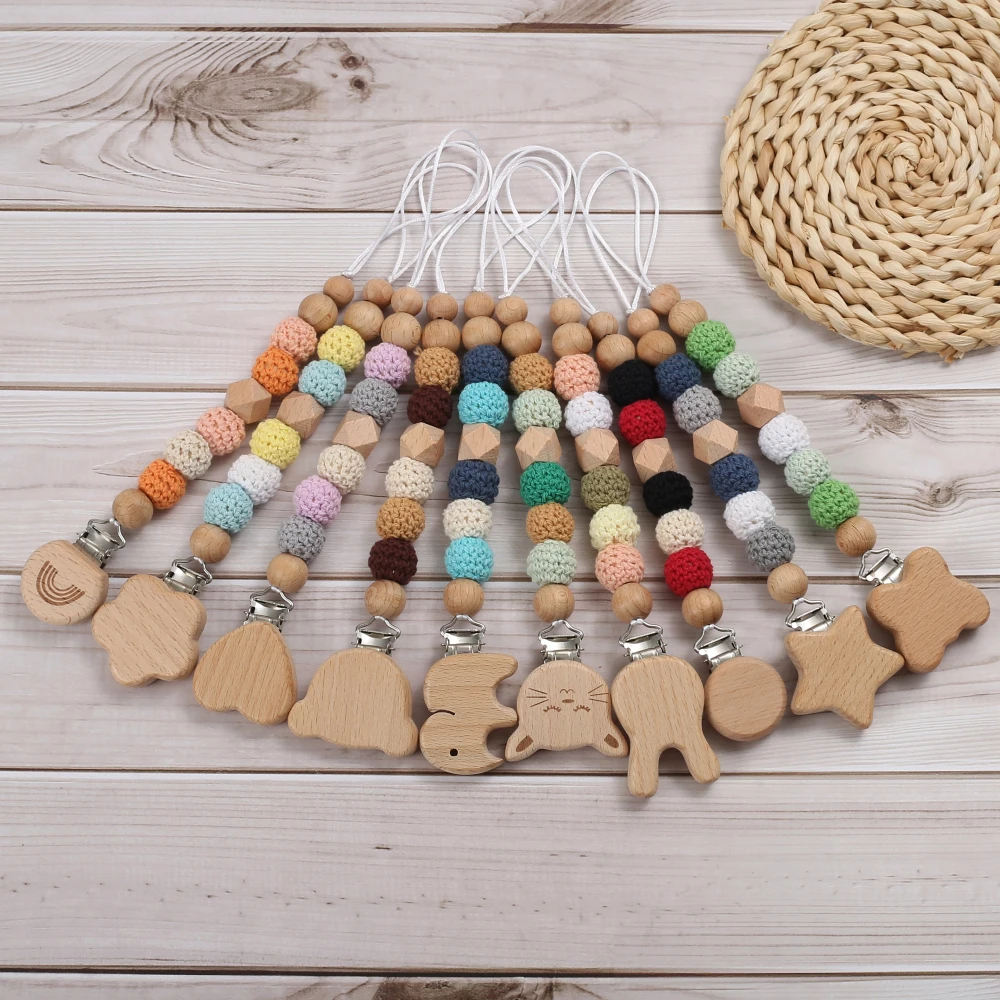 Baby Pacifier Chain Animal Bunny Elephant Heart Beech Pacifier Clip For Wood Round Felt Balls Bead Teether Nipple Chain Chew Toy