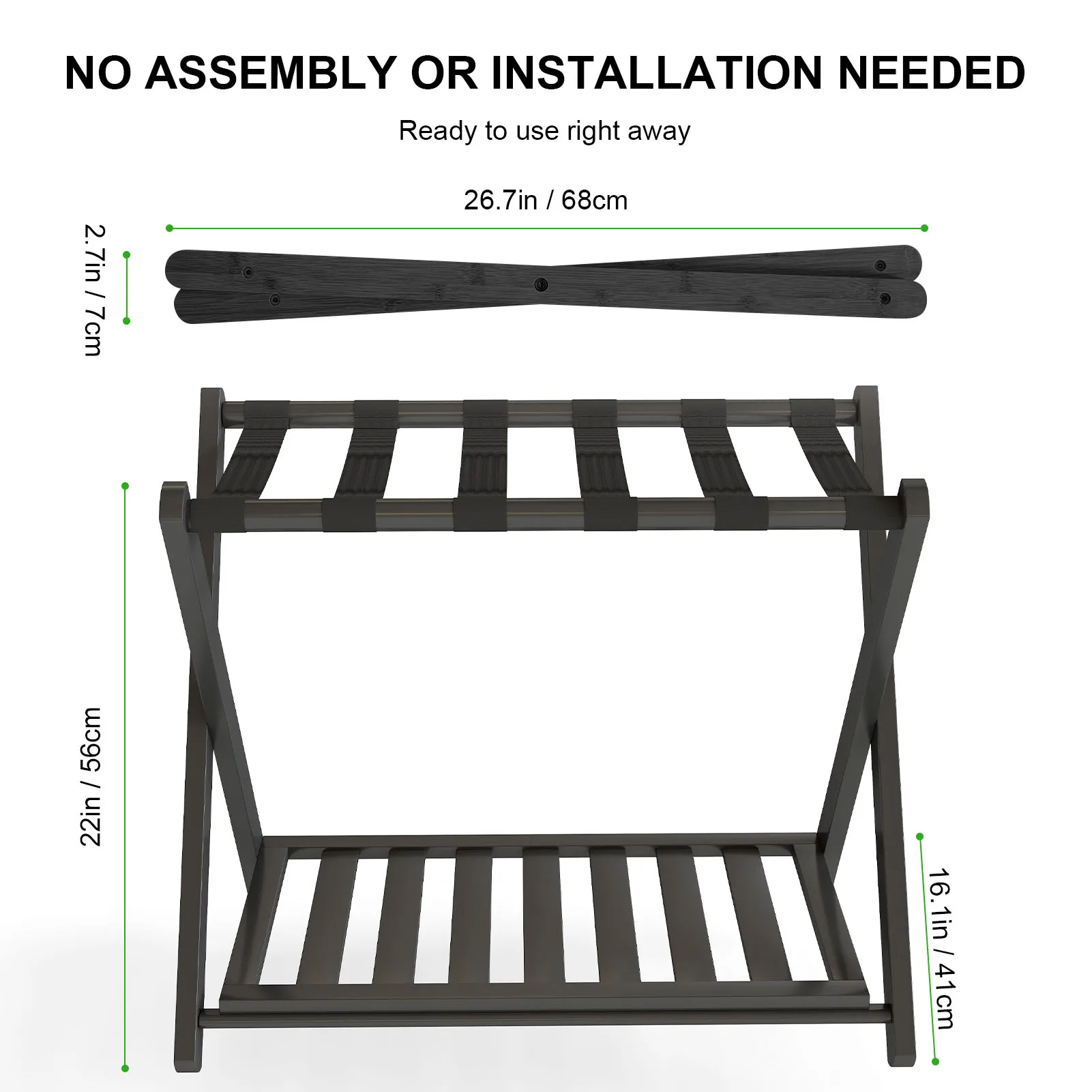 Suporte de bagagem de madeira multifuncional - Prateleira de armazenamento dobrável espessada Rack de mala para quarto de hotel preto