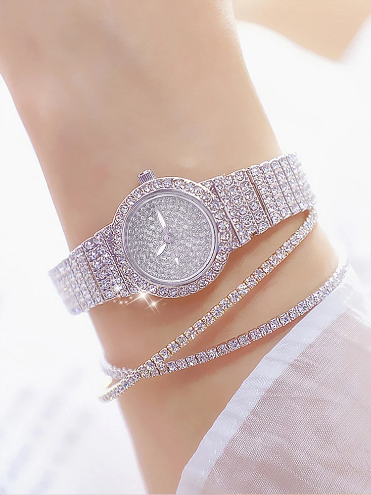 3pcs All Diamond Fashion Diamond Inlaid Women's Watch Quartz Watch Bracelet Style Watch with Bracelet Set