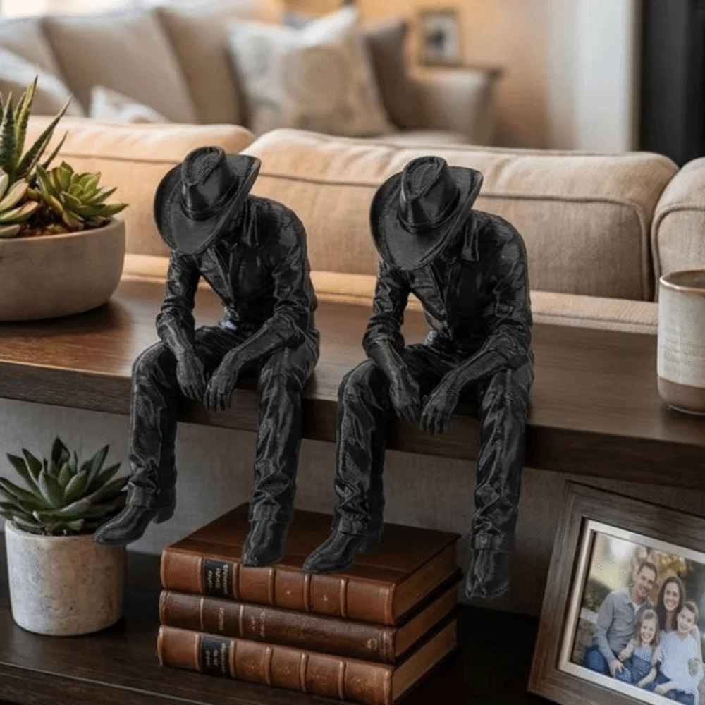 Western Style Sad Sitting Cowboy Sculpture Pensive 3D Printed Hanging Head Cowboy Statue Lonely Vintage