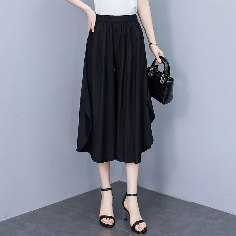 Cotton Silk Wide-leg Pants Women Summer New Middle-aged Elderly Large Size Solid Skirt Pants Mom Casual Three-quarter Pants Thin