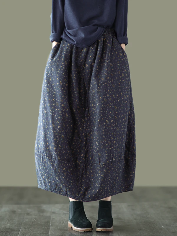 Gonna in lino di cotone floreale retrò con elastico in vita Fce Gonna a fiori in lino di cotone autunno inverno Gonna da donna calda