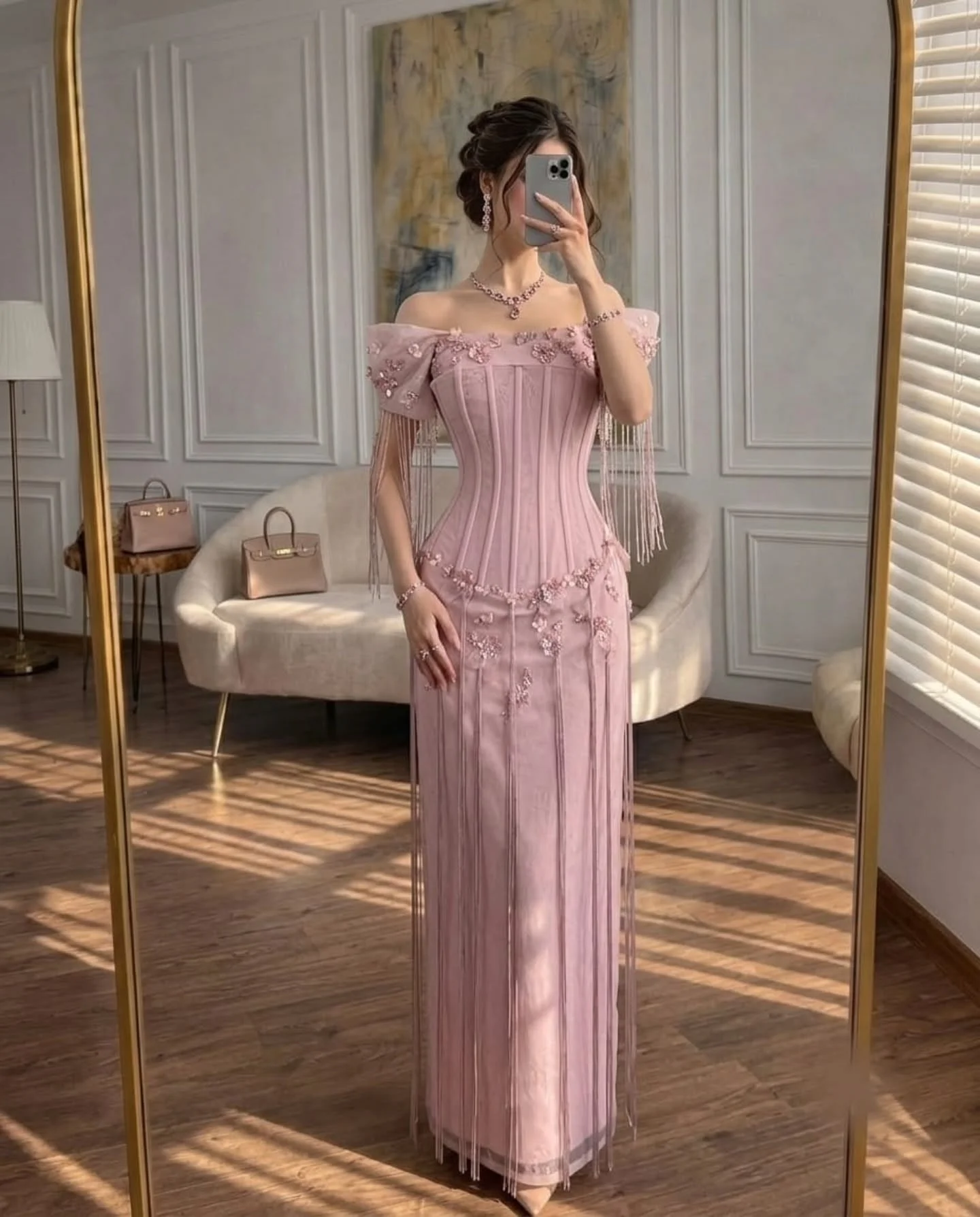 Luxury Appliques Pink Prom Dress Luxury Tassel Lace Mermaid Party Dress Women's Evening Dresses Vestidos De Fiesta Customized