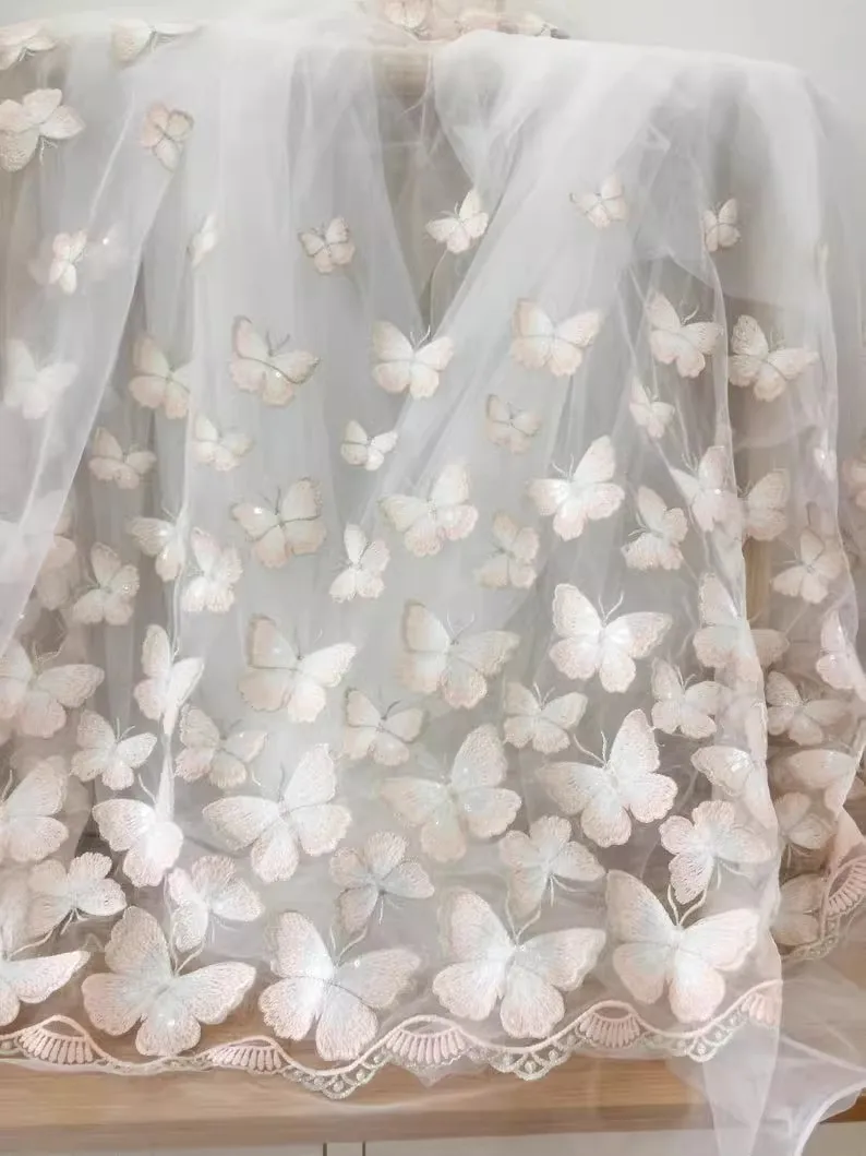 

1 ярд, кружевные швейные аксессуары с вышивкой бабочки, двустороннее свадебное платье с серебряной проволокой и блестками, ткань для детской одежды