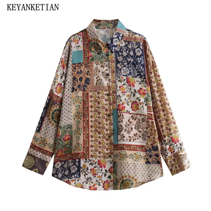 

KEYANKETIAN New Launch National Retro Flower print Women's Long Sleeve Shirt Female Turn Down Collar Satin Blouse Blouses TOPS