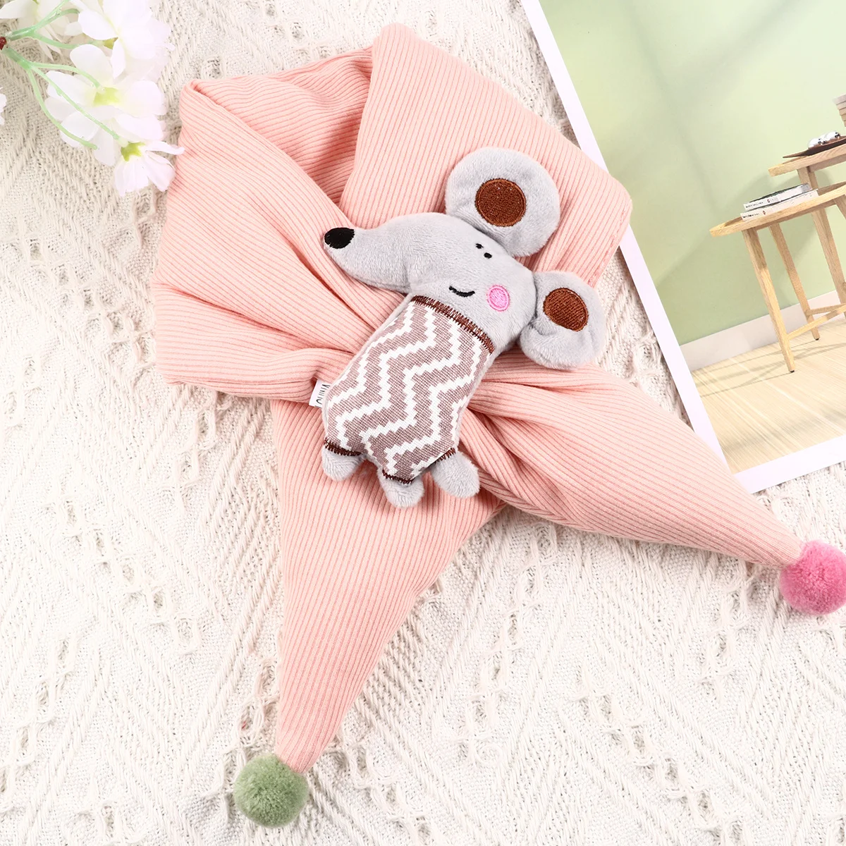 ผ้าพันคอการ์ตูนลายหนูน้อยสำหรับเด็ก ผ้าพันคอสีชมพูอ่อนสำหรับฤดูหนาว ป้องกันความหนาวเย็น ของขวัญวันเกิดสำหรับเด็ก