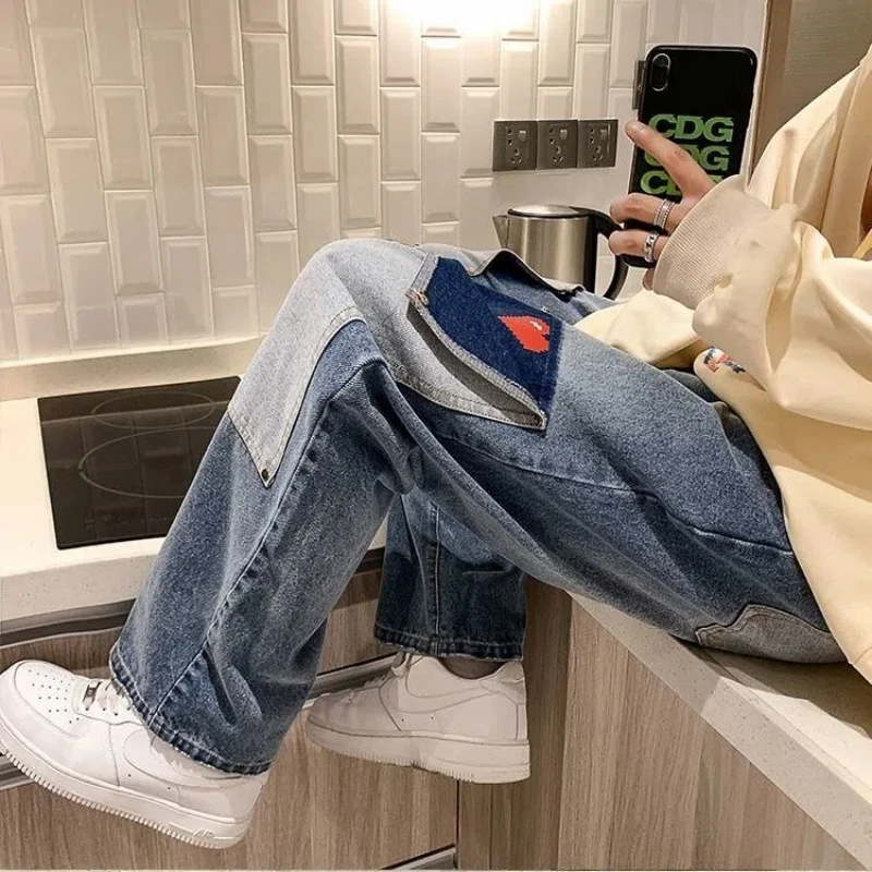 Men's Spring Autumn Straight Jeans Trendy All-match Loose Elastic Middle Waist Patchwork Contrasting Printed Pocket Casual Pants