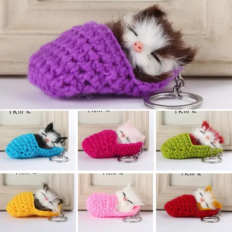 Cute Sleeping Cat Pompom Keychains Women Girls Handmade Woven Slipper Faux Fur Kitten Key Rings Fluffy Bag Car Pendants Gifts