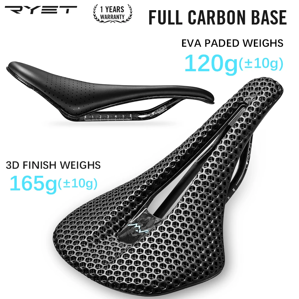 RYET 3D Printed Full Carbon Saddle 140mm Super Light 165g Road MTB Racing Bicycle Seat Cushion Cycling Seating Bike Cushion Part