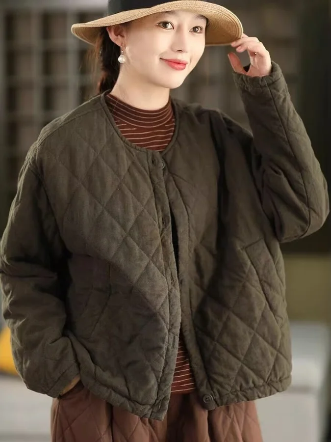 

Thiened Linen Cotton Jaet Women's Winter New Sle Artistic Casual Retro Warm Cotton Coat Outerwear Long Sve Zipper