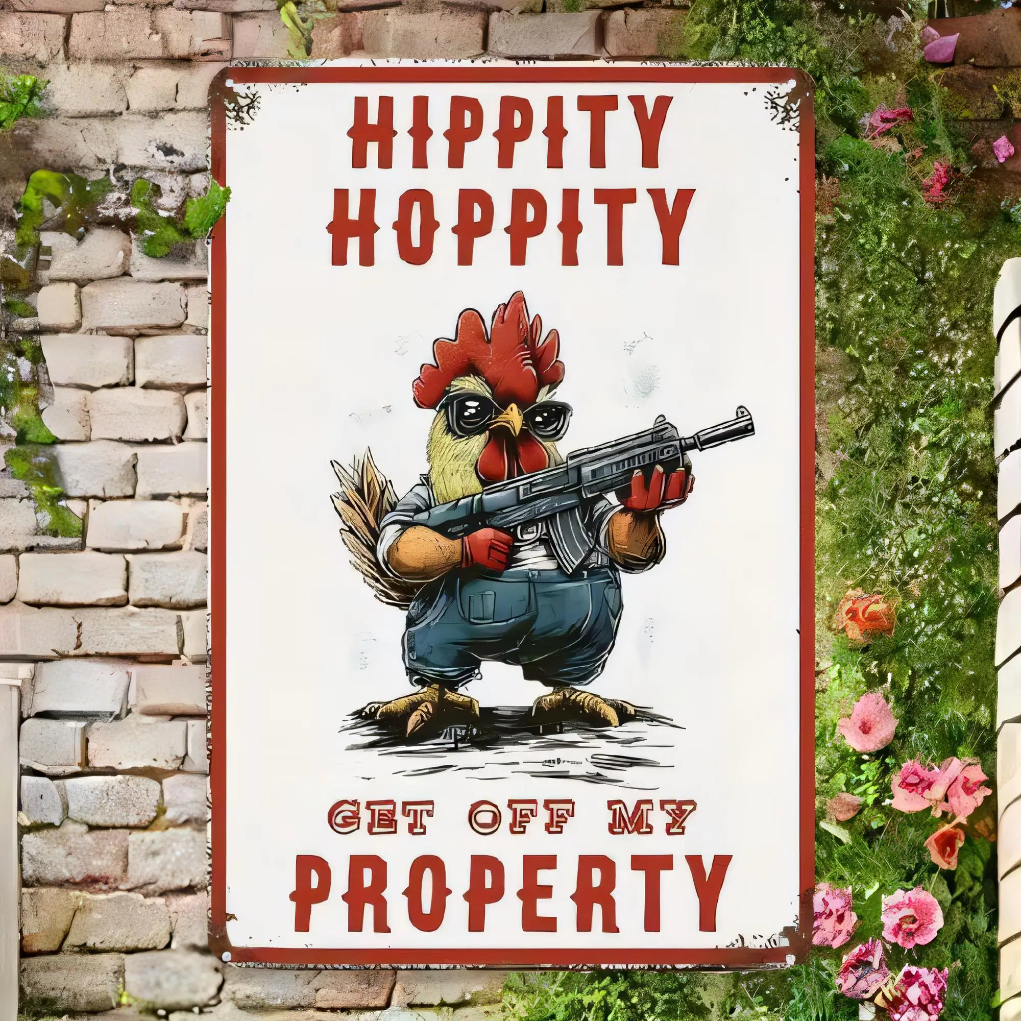 Tin Sign HIPPITY HOPPITY Get Off My Property Retro Vintage Metal Wall Plaque Funny Rooster Gun Farmer Sign for Home Bar Garage S