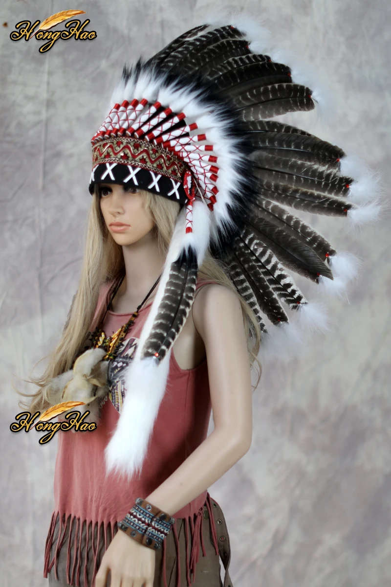 Customized Indian Feather Headdress Turkey Feather Costume Chief Feather Hat Headband Carnival Party Bonnet Halloween Decoration