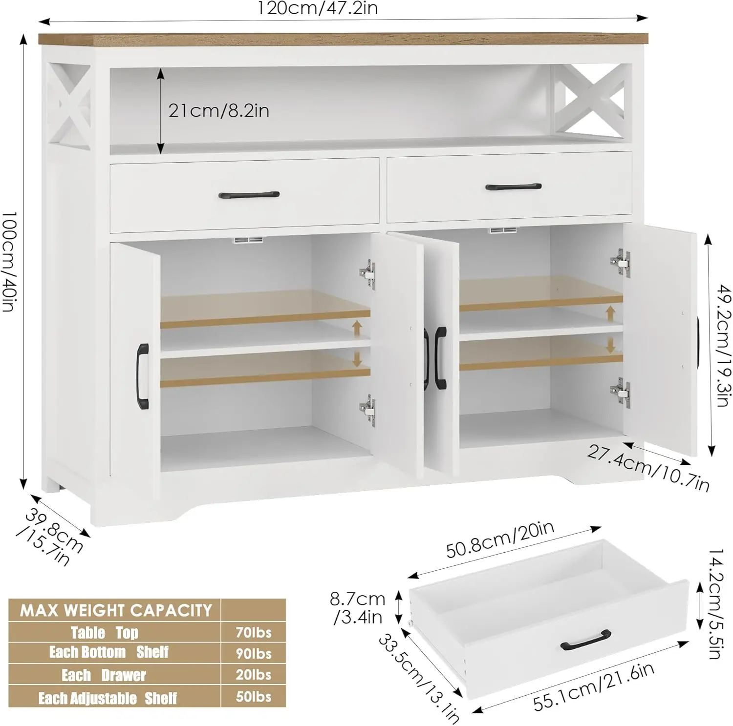 47' 모던 팜하우스 사이드보드 뷔페 캐비닛, 서랍과 선반이 있는 목재 수납장, 화이트 브라운