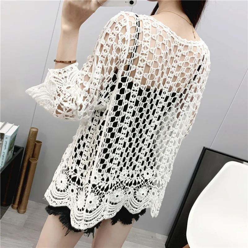 Beach Sun Protection Clothing Women\'s Spring and Summer Lace Hollow Knitted Cardigan Seaside Vacation Loose Blouson