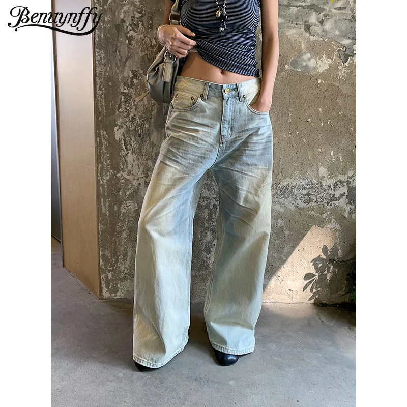 

Benuynffy American Vintage Mid Waisted Boyfriend Jeans For Women 2026 Summer New Streetwear 2000s Female Loose Wide Leg Trousers
