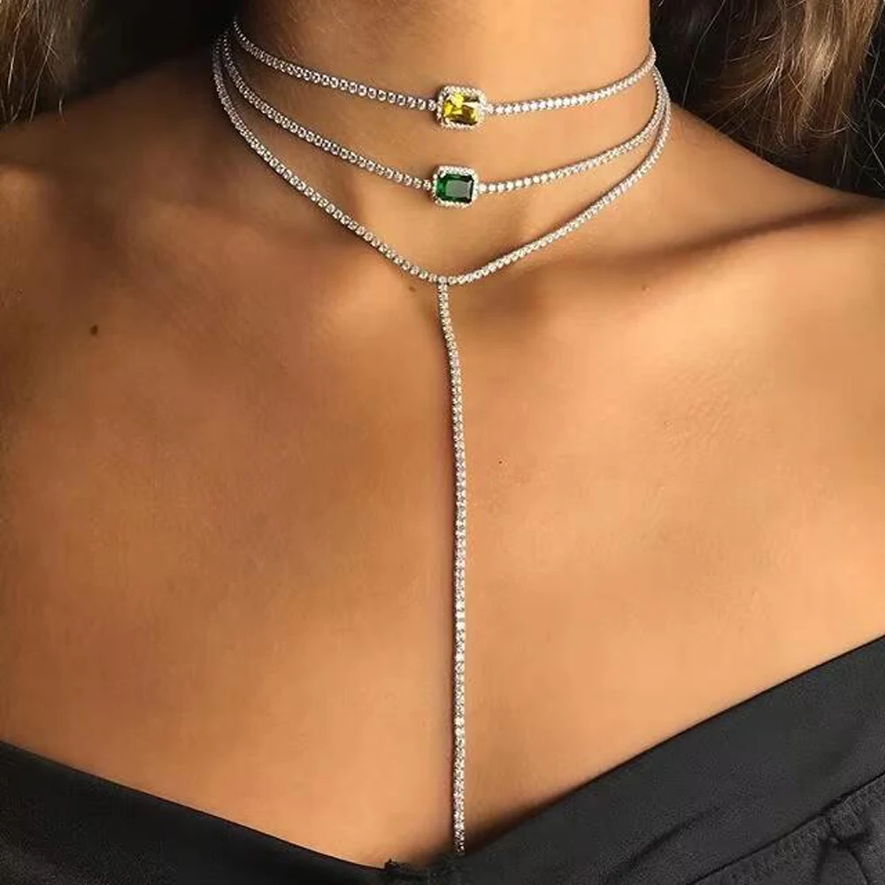 Luxury Geometry Square Multicolour CZ Tennis Chain Choker Necklace Pave Rainbow Cz For Women Fashion Charm Party Bar Jewellry