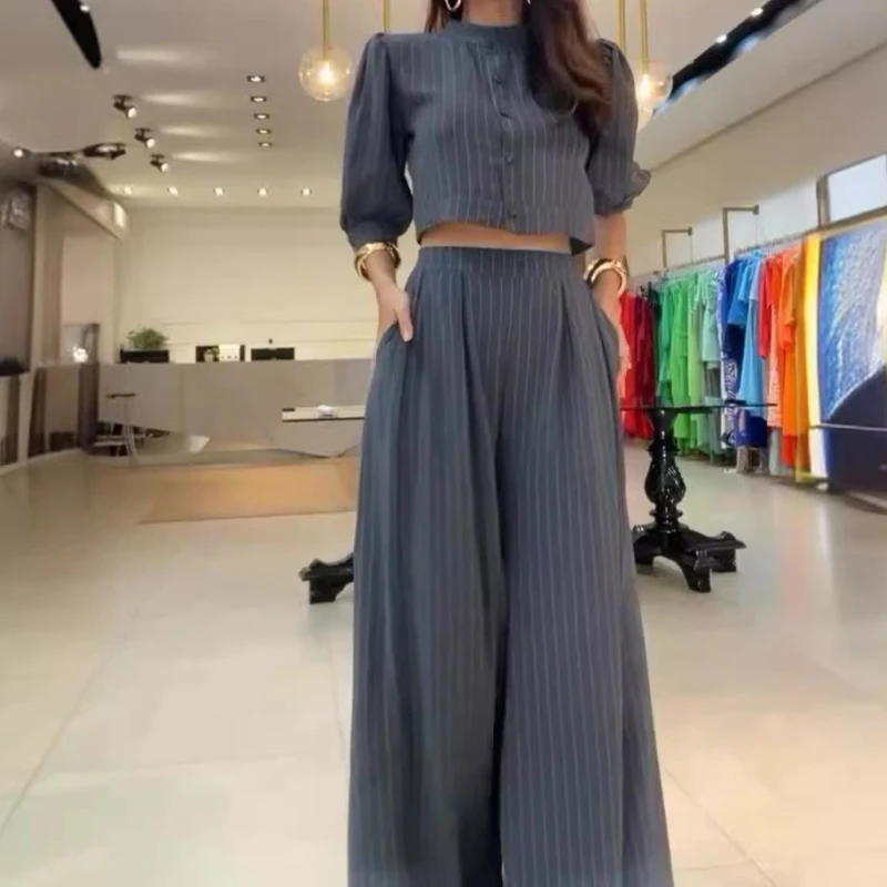 

Fall 2025 Fashion Stripe Printed Short Shirt High Waist Wide Leg Pants Women's Commuter Suit