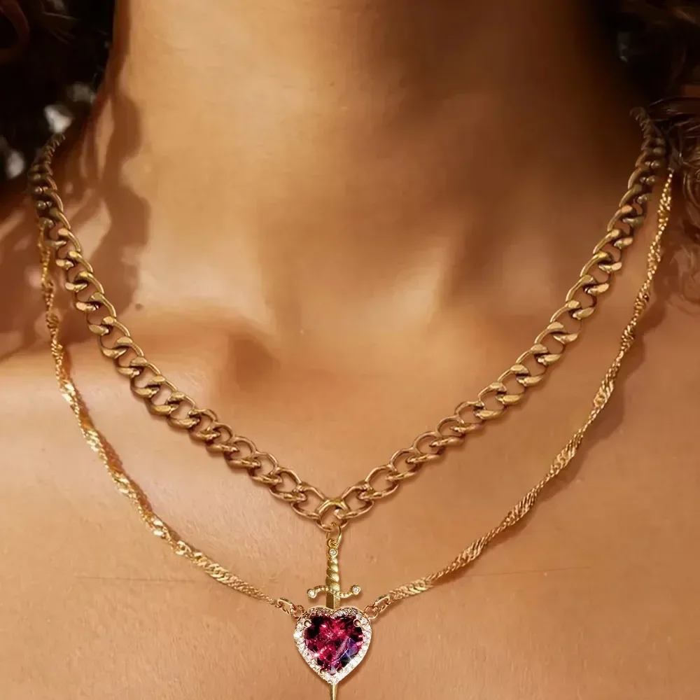 Collar de corazón y espada, collares para parejas, anillo de cristal de circón, pulsera, collar, conjunto de joyería para regalos románticos del Día de San Valentín