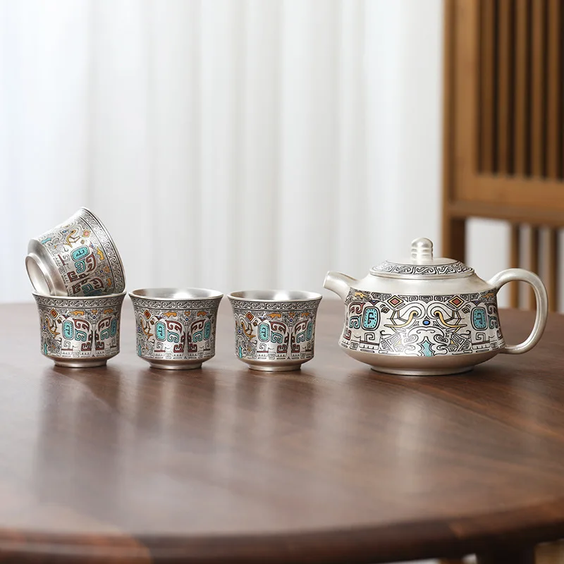 999 Pure Silver Liner Enamel Gongfu Tea Set, 1 Pot 4 Cups, Taotie Pattern Side-handle Teapot, Luxury Collectible Chinese Tea Set view 6