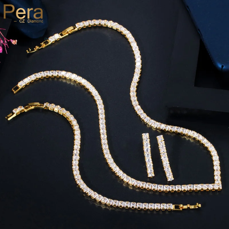 

Pera High Quality Princess Cut 3Pcs Bridal Wedding Party Necklace Earrings Bracelet for Women Luxury Zircon Jewelry Set J359