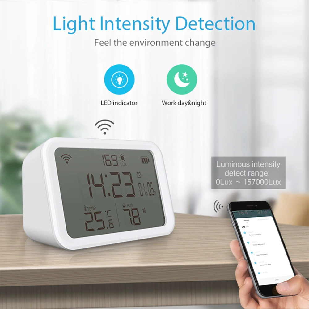 Tuya Smart WiFi 4-IN-1 Temperature Humidity Sensor Light Intensity Detector Time Display Alarm Clock Fit Alexa Google Assistant