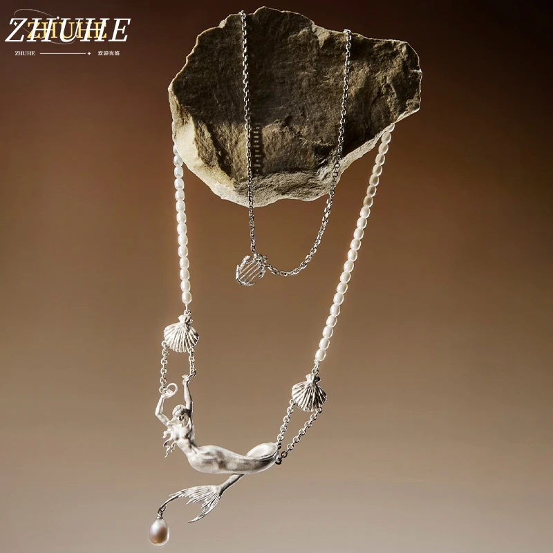 Eleganter Kupferschmuck für Damen – zarte, mehrlagige Halskette im Meerjungfrauen-Design, verziert mit Perlen- und Muschel-Elementen, Prem