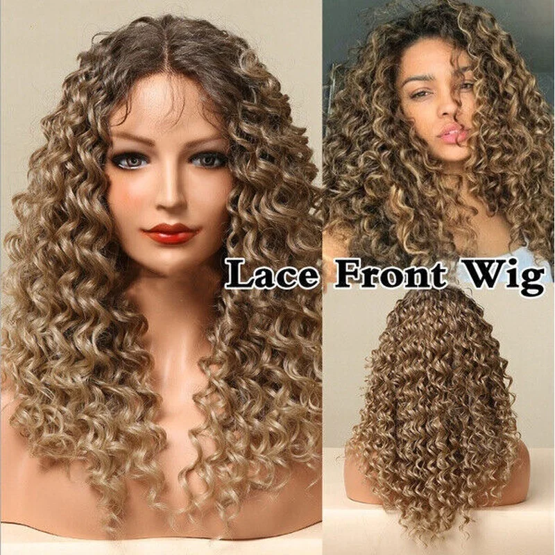 Women Kinky Curly Ash Brown Syntheic Roots Natural wigs
