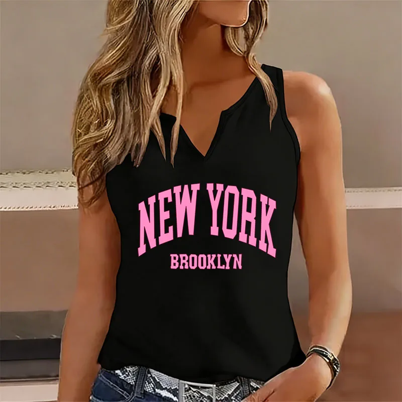 BROOKLYN NEW YORK Sleeveless Tank Top T-shirt V Neck Casual Fashion Vest T Shirts Women Short Sleeve Tee Shirt V-Neck