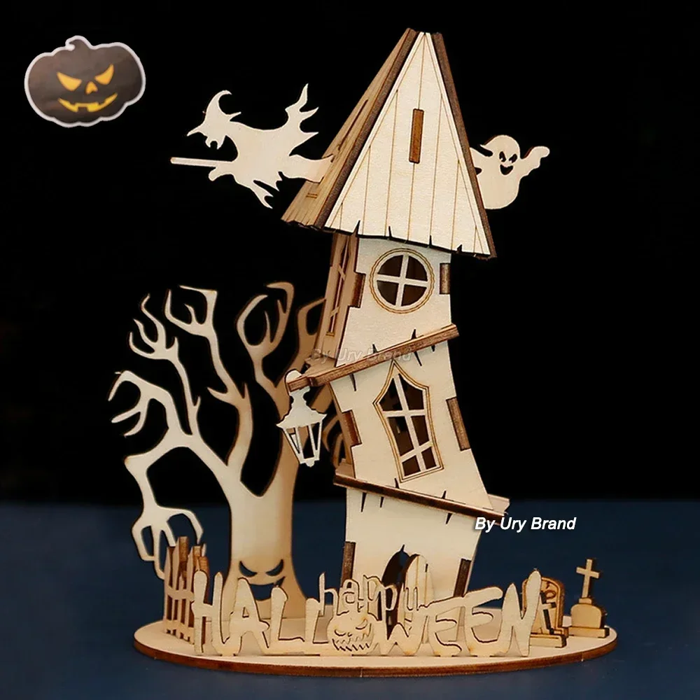 URY New 3D Wooden Puzzle Halloween Holiday Gift Ghost Tree House DIY Model Assembly Craft Kits Desk Decoration For Kids