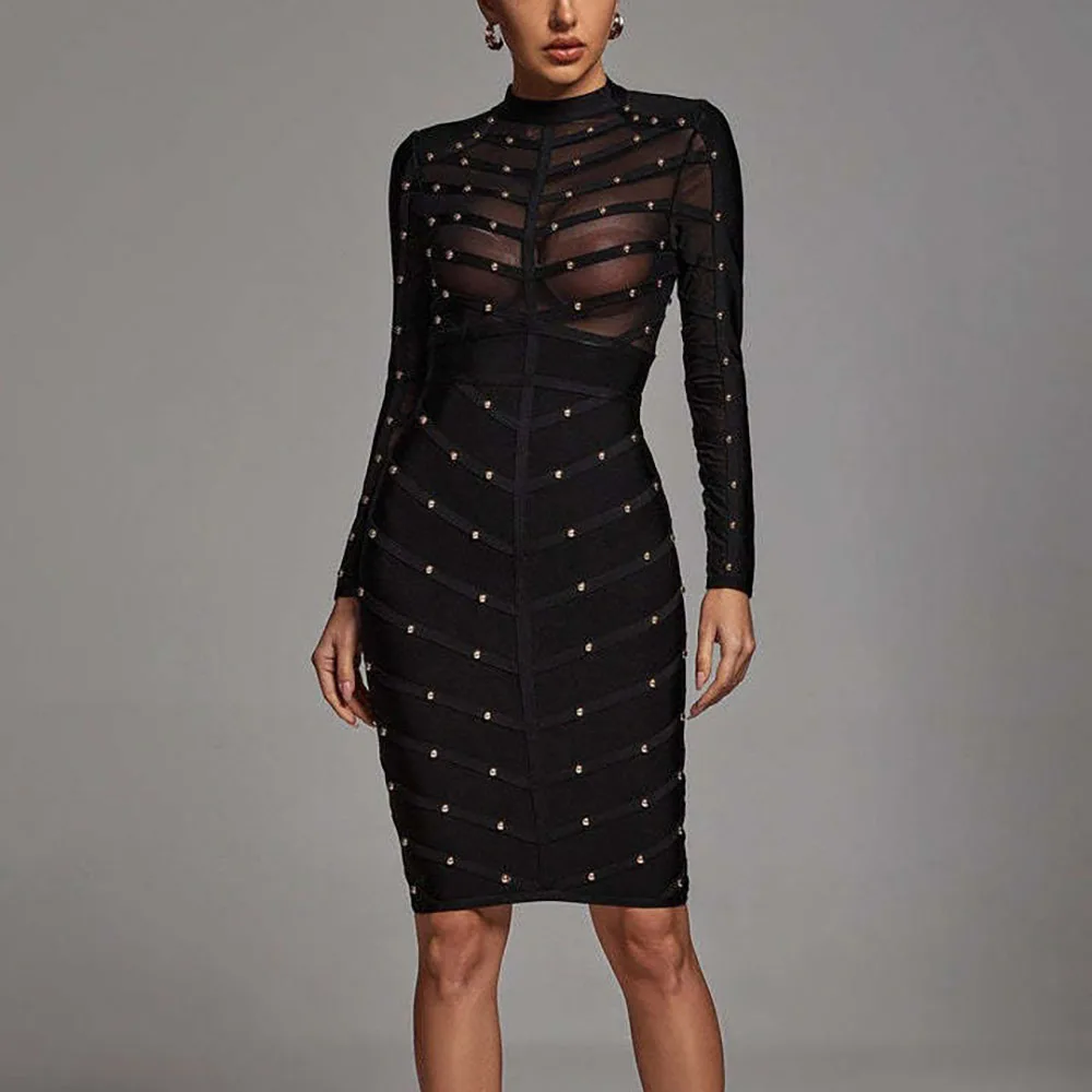 Sexy Vrouwen Jurken Zware Industrie Genageld Sheer Geborduurde Flares Mesh Lange Mouwen Jurken Halter Bandage Avond Jurken