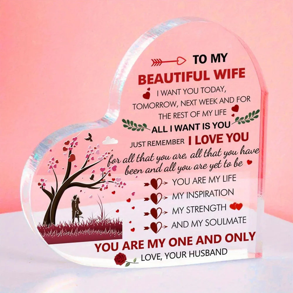 Wife Gifts Acrylic Heart Keepsake Present To My Beautiful Wife Gift with Love Sayings Acrylic Plaque Romantic Gifts for Wife