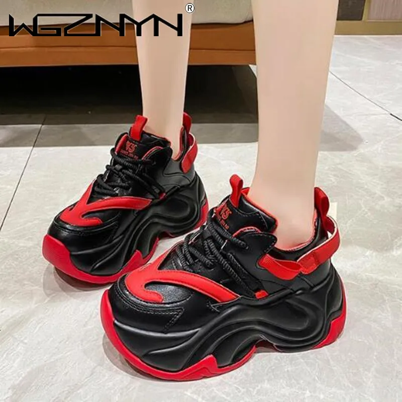 

8CM Women High Platform Sneakers 2024 New Autumn Breathable Chunky Dad Casual Shoes Thick Sole Trainers Leather Sneakers Woman