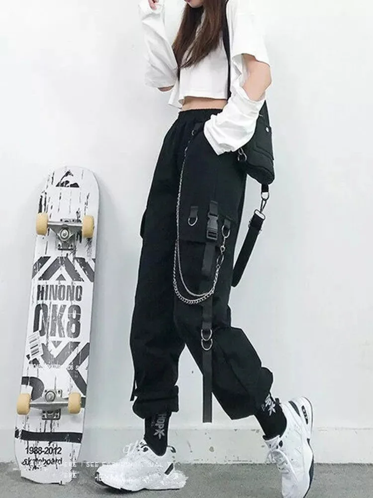 

Women Cargo Pants 2023 Harem Pants Fashion Punk Pockets Jogger Trousers With Chain Harajuku Elastics High Waist Streetwear