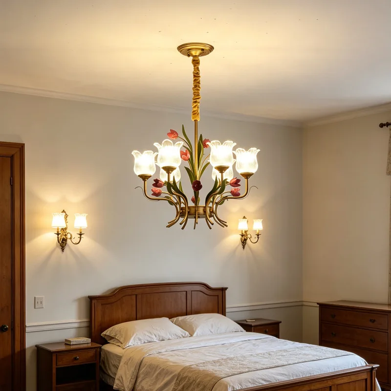 American retro floral chandelier French restaurant bedroom light luxury atmospheric European wrought iron lighting fixtures