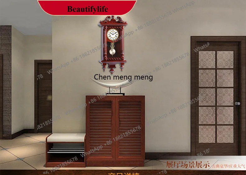 d178 Solid wood mechanical wall clock on the hour retro clock living room European classical wall clock home pendant