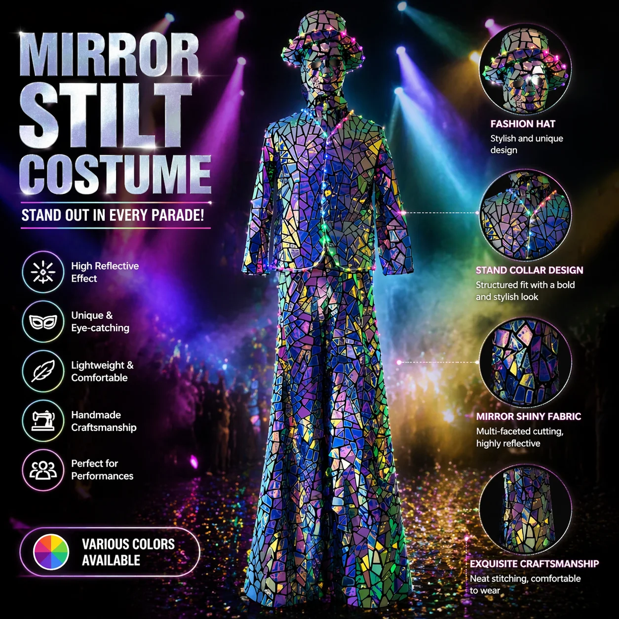 

Adult LED Mirror Mosaic Stilt Costume High Reflective Performance Wear with Colorful Lights Customizable Clothing Colors