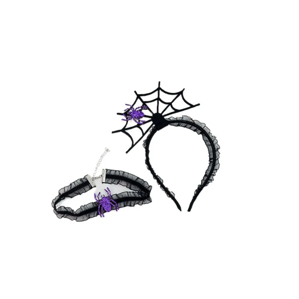 

Fashion Black Halloween Headband Ruffles Mesh Hairband Necklace Set Cosplay Props Hollow Spider Web Hairband Festival