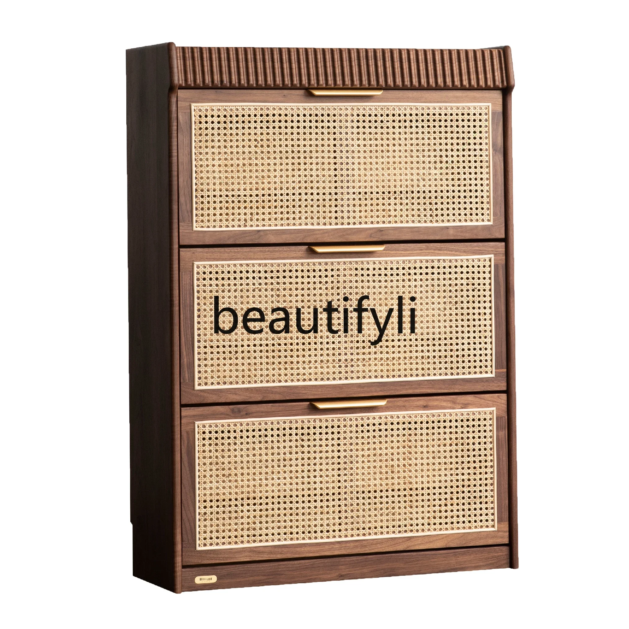 

Nordic solid wood shoe cabinet retro door breathable tipping bucket entrance cabinet Japanese rattan weaving