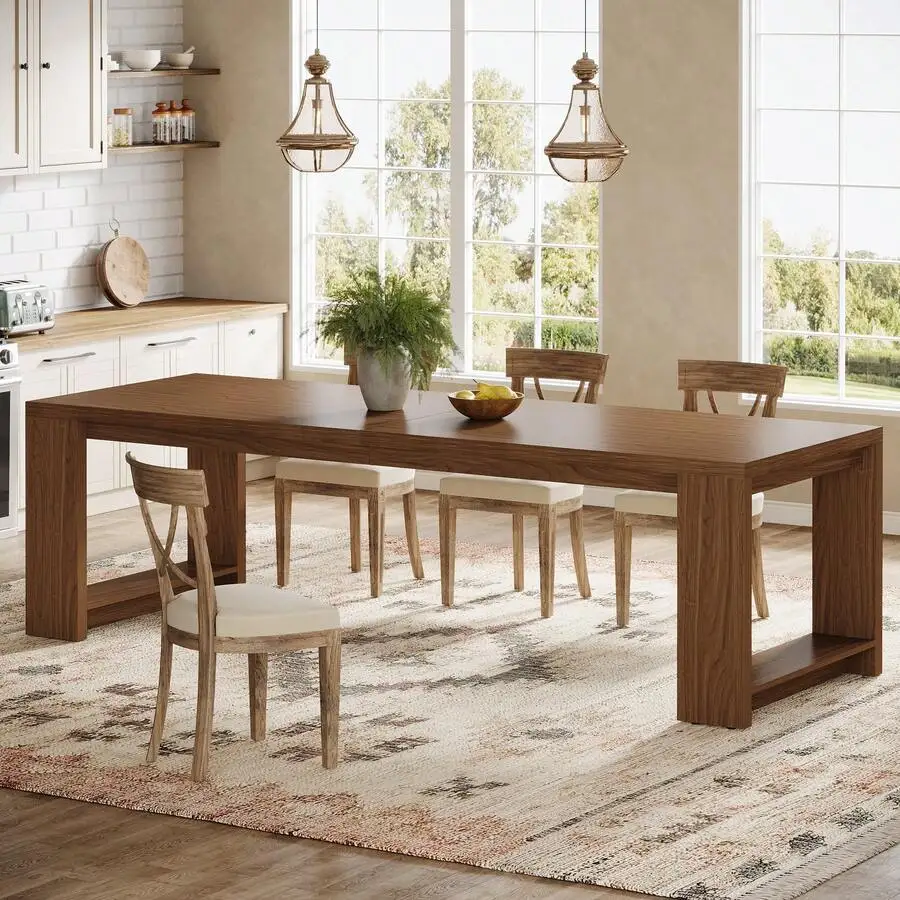 86.61-Inch Dining Table For 6-8, Farmhouse Narrow Kitchen Table With Wood Pedestal Base, Extra Long Rectangular Dinner Table For Living Room, Dining Room And Kitchen, Brown