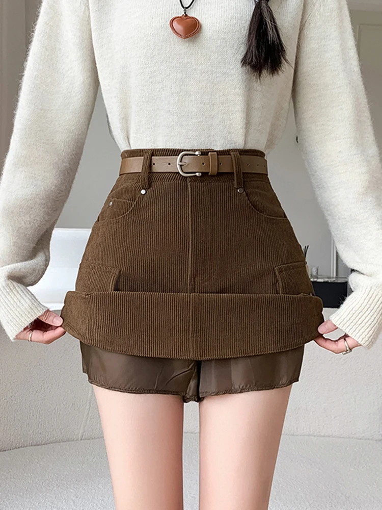Vintage inverno mini saia de veludo feminino 2025 streetwear y2k bodycon saias de carga com shorts cinto marrom preto saia curta mulher