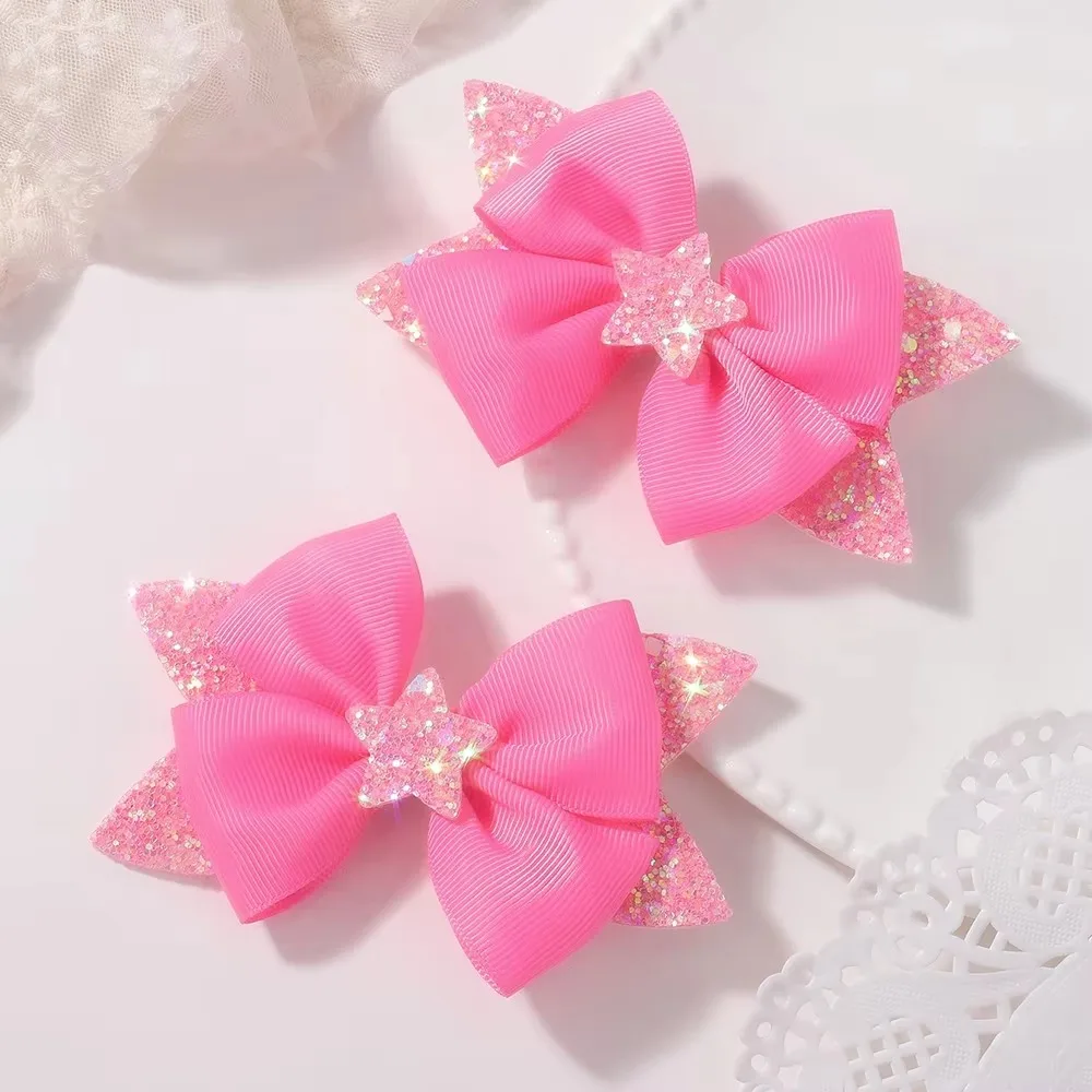 BABY BOWS 2Pcs 4.33inch Star Glitter Bow Hair Clips for Girls Boutique Ribbon Dovetail Barrette Headwear Kids Hair Accessories
