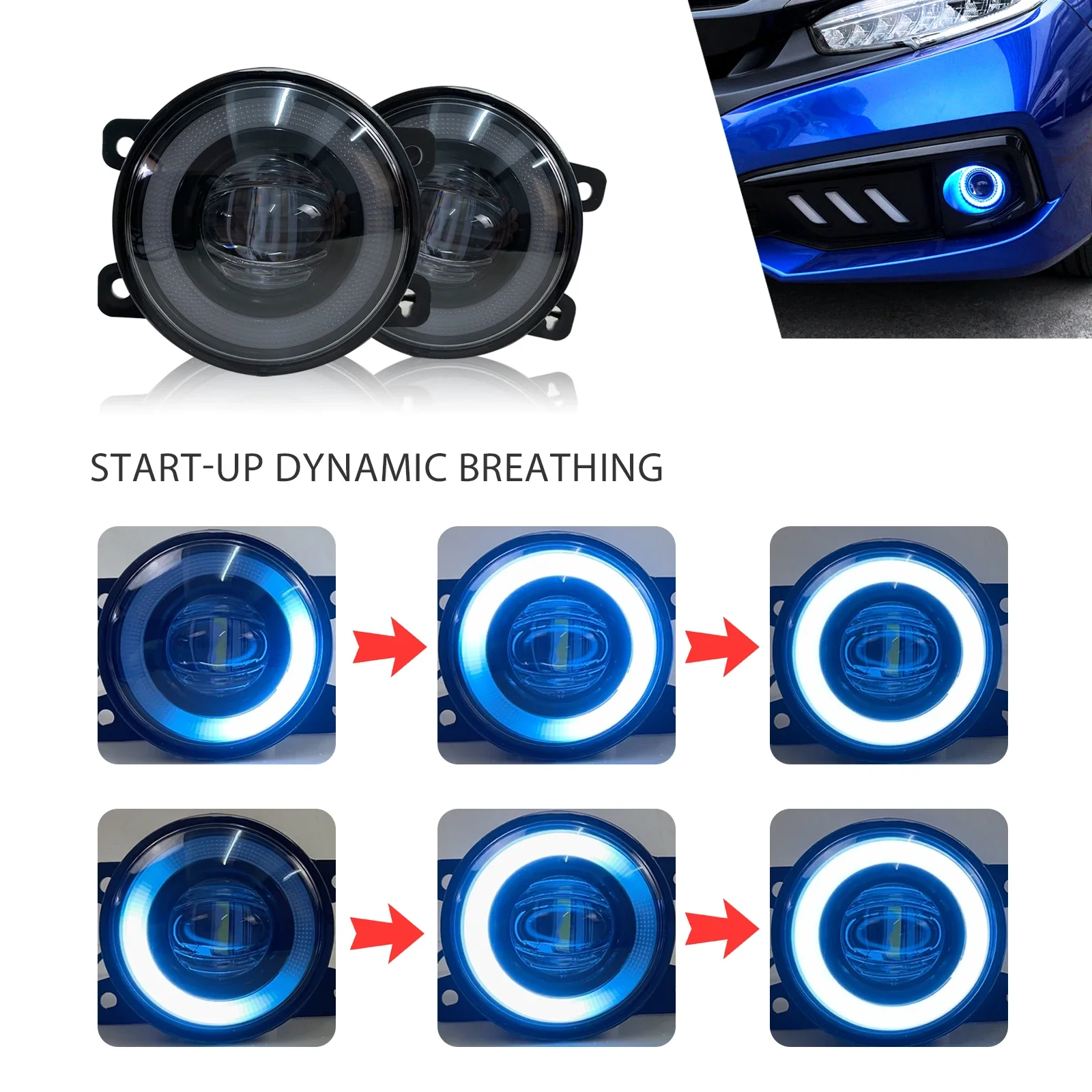 Car Parts Angel Eye Fog Lights Dynamic Daytime Running Lights W/LED Bulb Front Bumper Lamps For Honda Civic