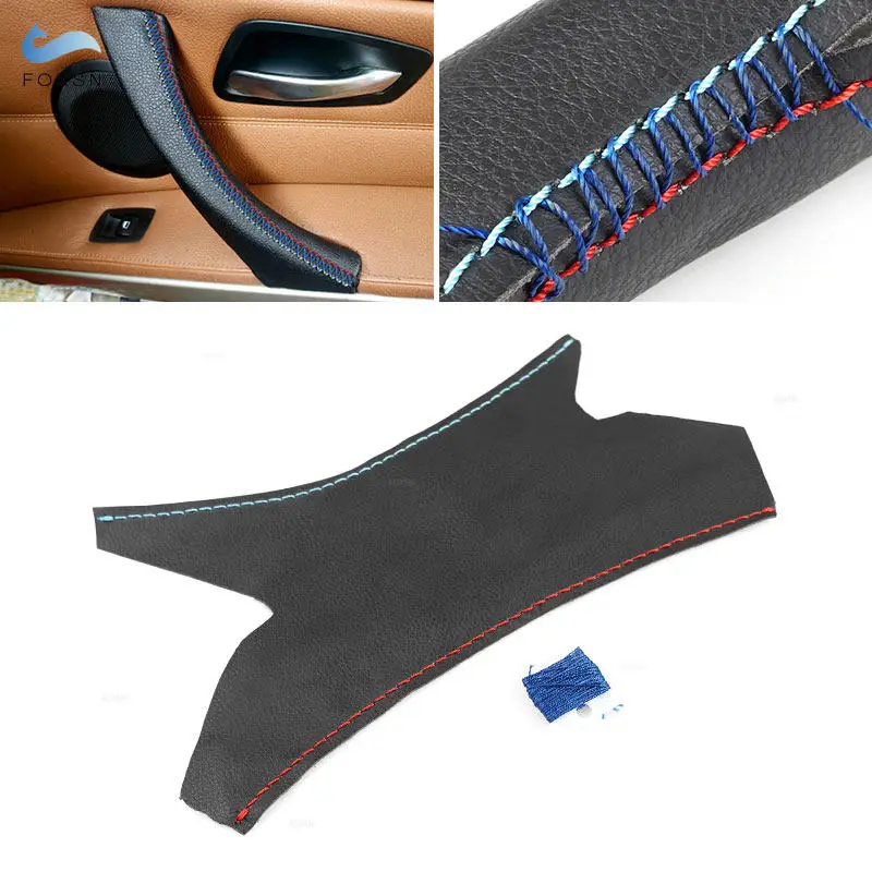 Microfiber Leather Inner Handle Pull Cover For BMW 3 Series E90 E91 Interior Right Door Panel Cover Trim Black w/ red blue line