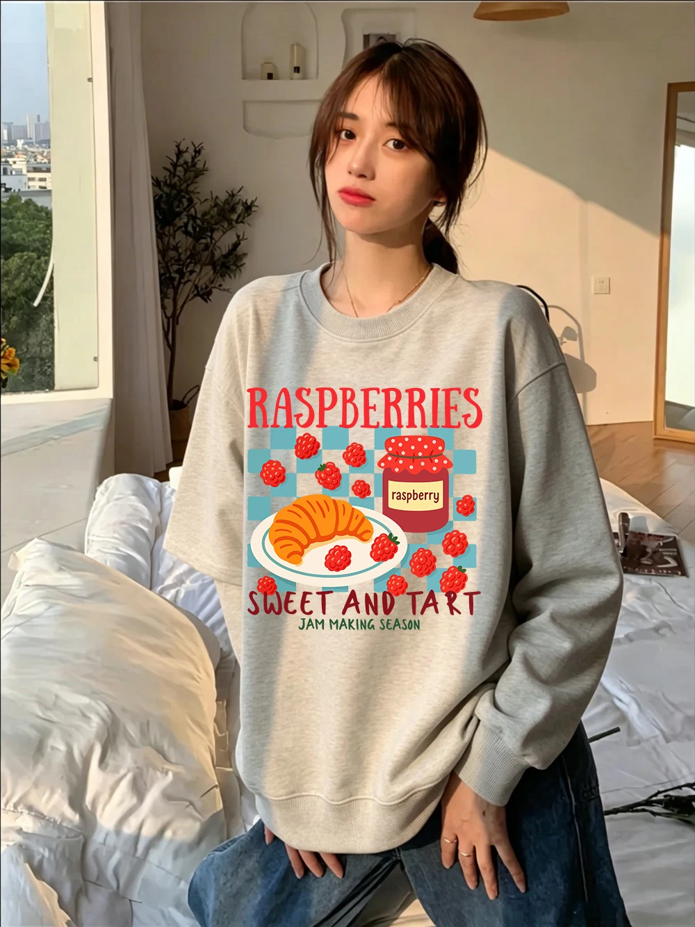 Raspberries Jam Making Season Prints Sweatshirt Women Winter Fleece Warm Hoodie Crewneck Loose Pullovers Casual Soft Womans Tops