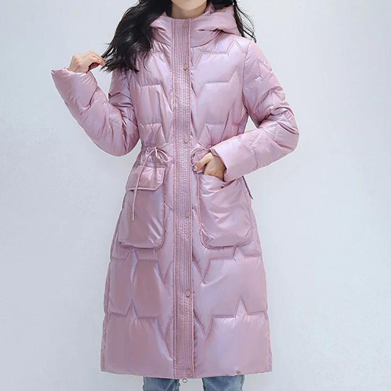 Women Bright Face Down Cotton Coat Hooded Drawstring Fashion Mid-Length Thicken Slim Jacket Winter Elegant Office Lady Parkas